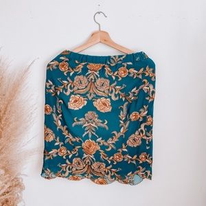 Anthropology| Teal skirt /gold embroidered flowers